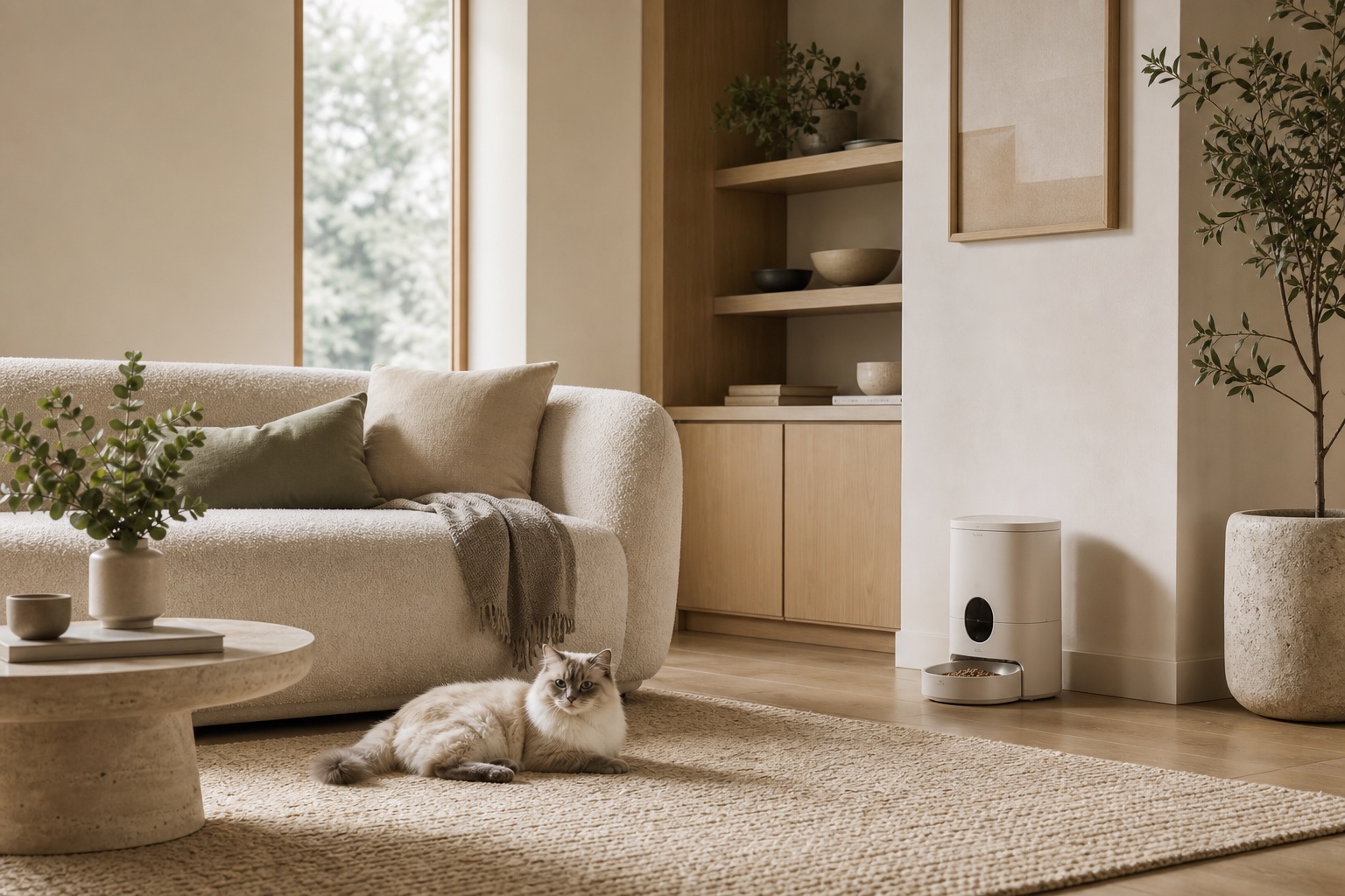 Cat relaxing in a warm living room beside an automatic feeder