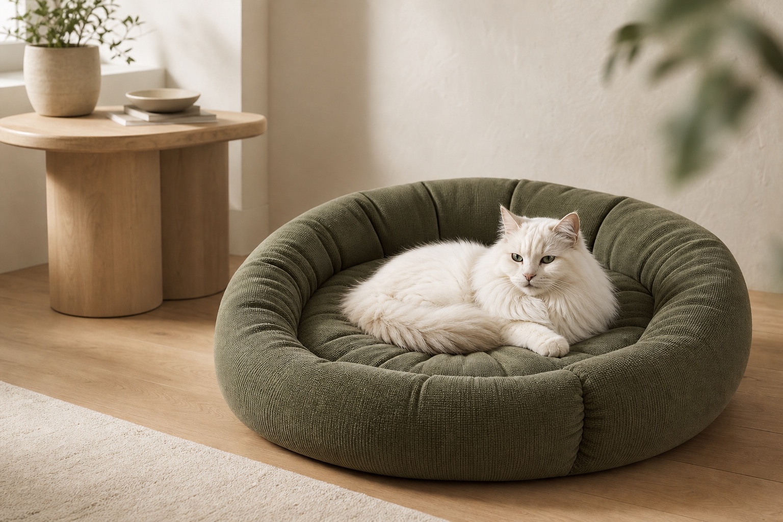 White cat resting in an olive green pet bed