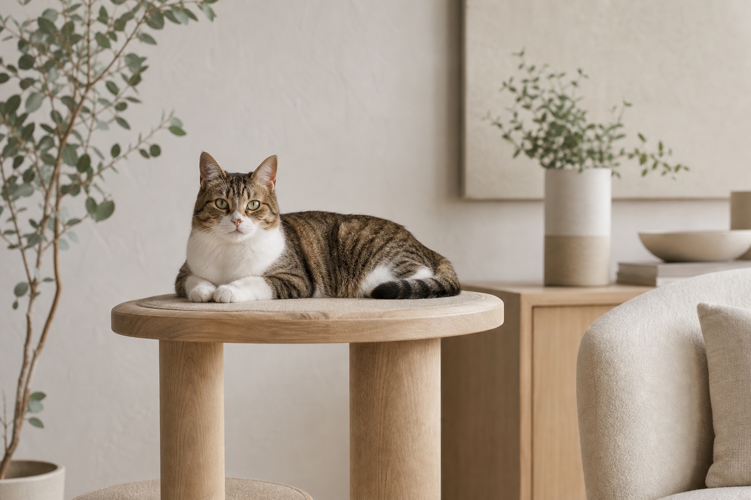Tabby cat resting on a sculptural pale oak cat tree