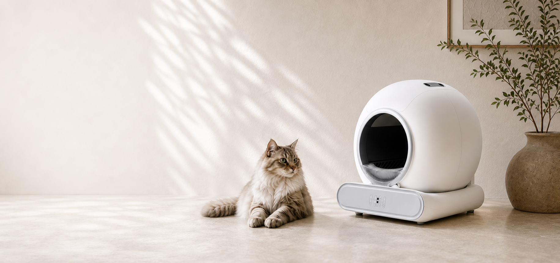 A long-haired cat beside a Faunora self-cleaning smart litter box