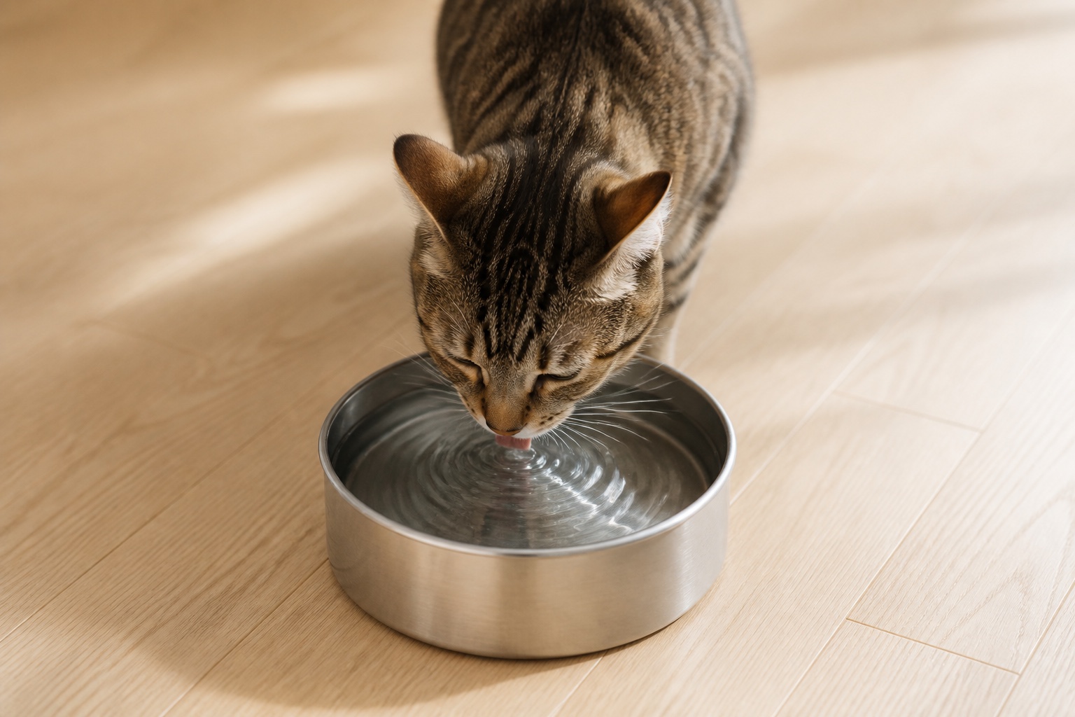 Tabby cat drinking water from a stainless steel bowl