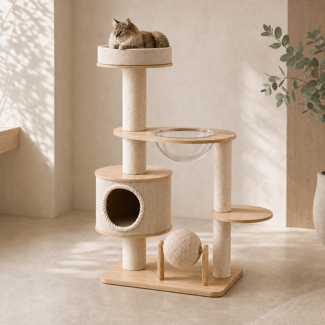 A long-haired cat resting atop a natural wood Faunora cat tree in a calm, sunlit room