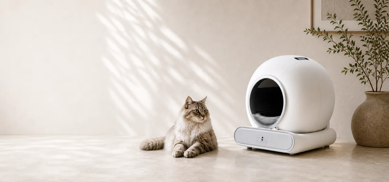 A long-haired cat resting beside a Faunora self-cleaning smart litter box in a calm, sunlit modern home